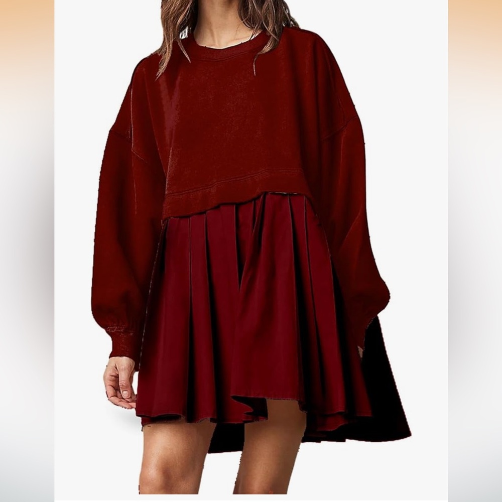 Red Layered Sweatshirt Pleated Flare Dress